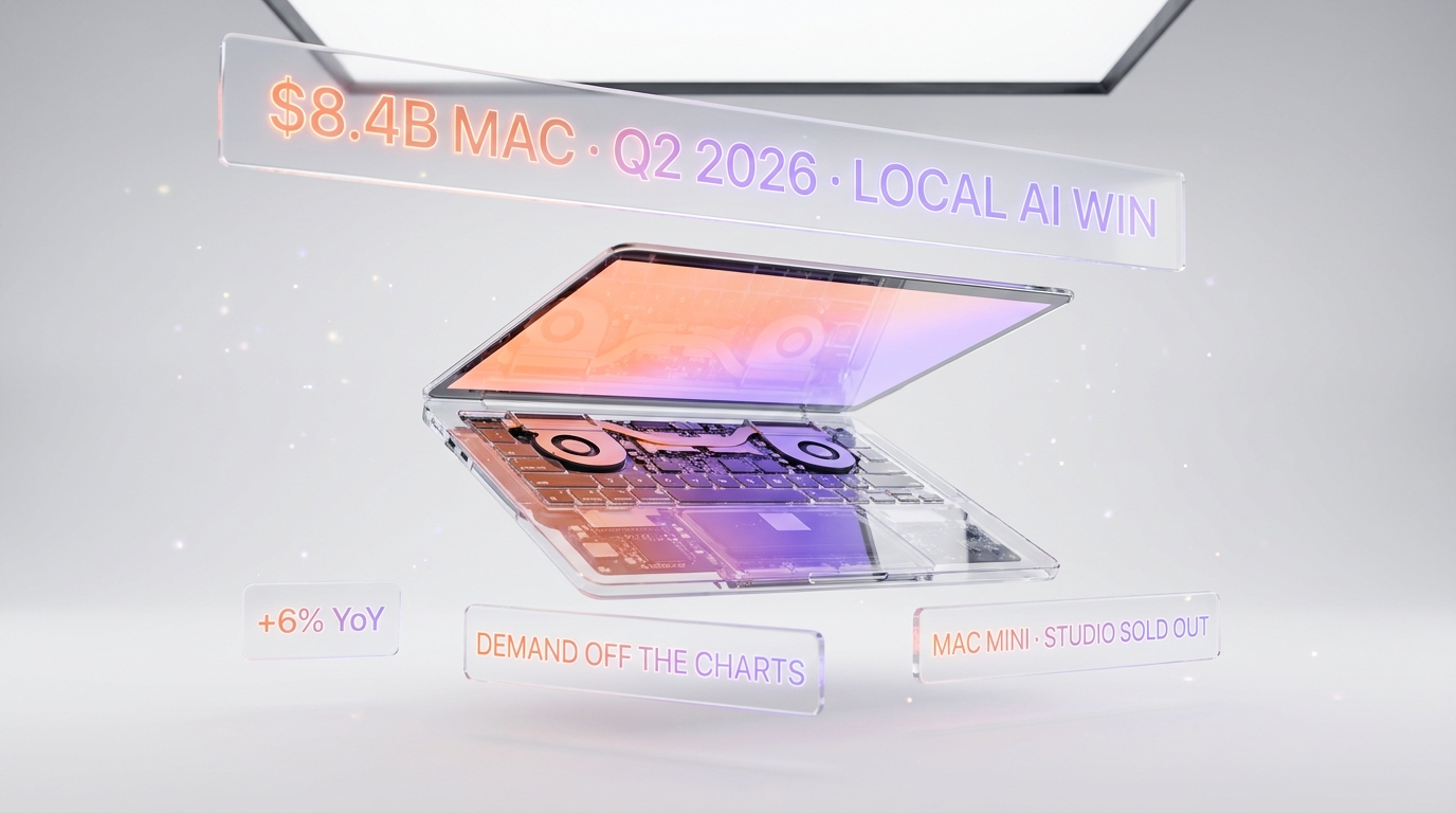 Apple Q2 2026 Mac revenue hit 8.4 billion dollars with Mac mini, Mac Studio, and MacBook Neo sold out due to AI driven demand for running local large language models
