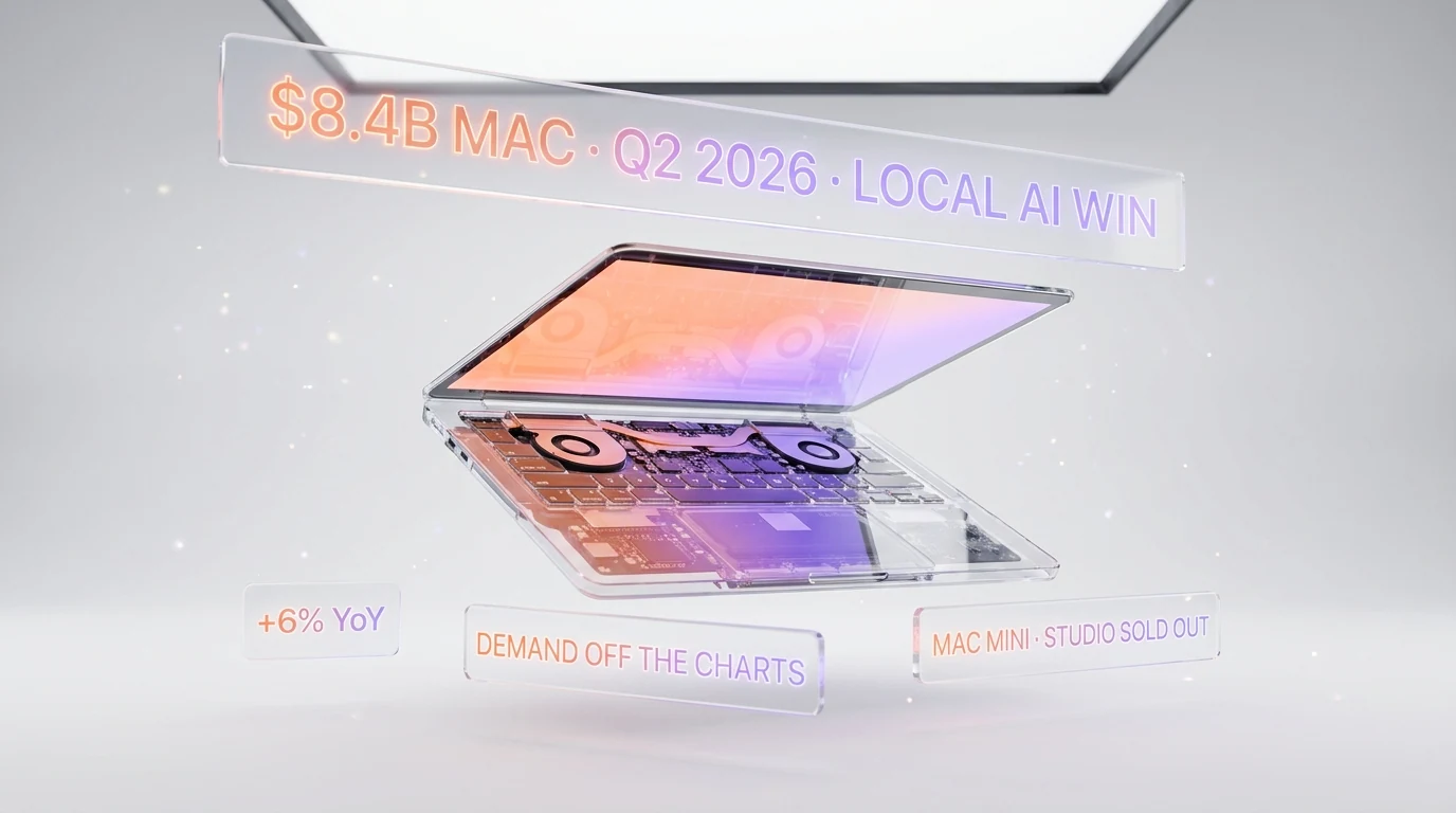 Apple Q2 2026 Mac revenue hit 8.4 billion dollars with Mac mini, Mac Studio, and MacBook Neo sold out due to AI driven demand for running local large language models
