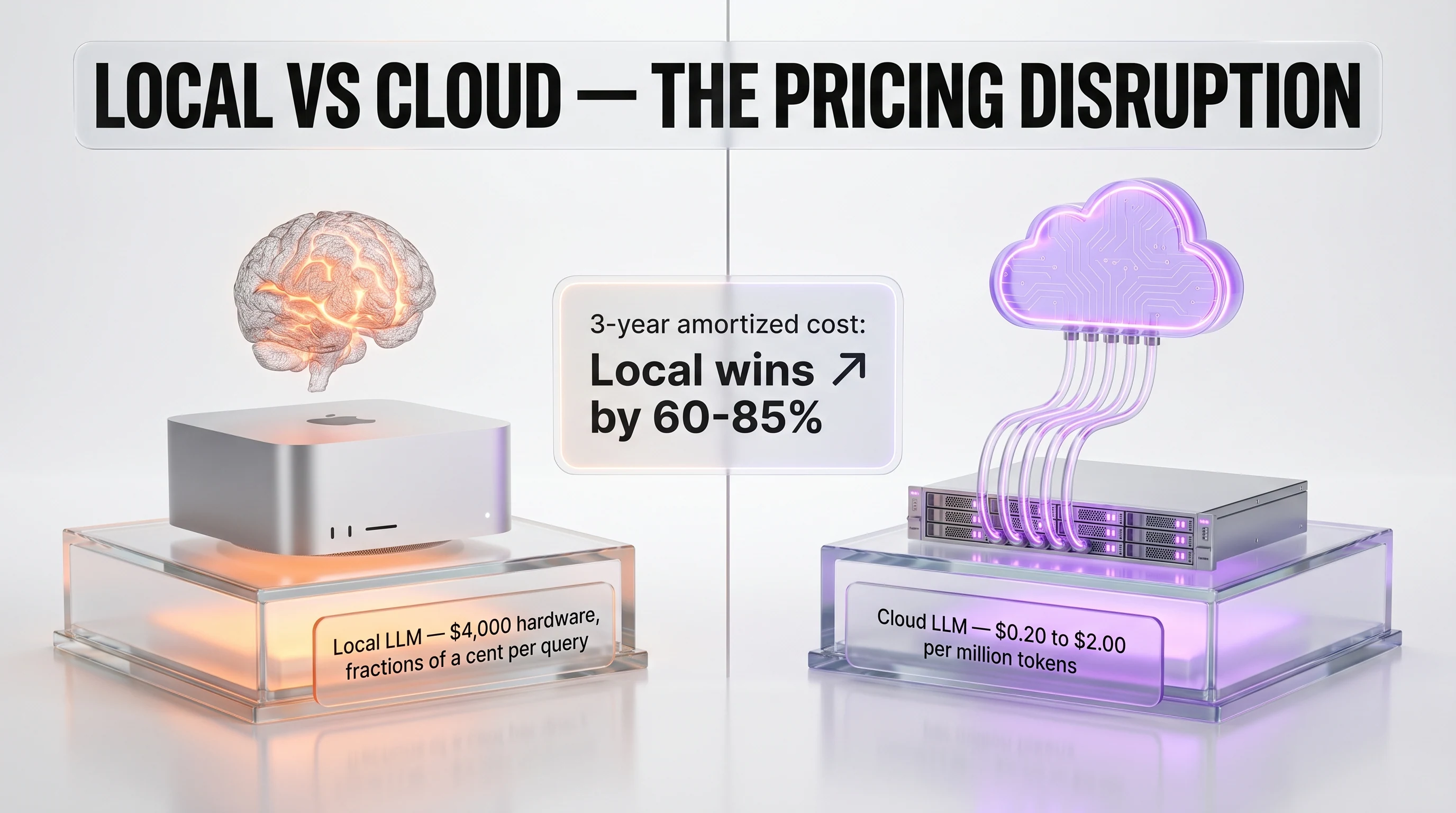 Local LLM on Mac Studio vs cloud API pricing comparison — fractions of a cent versus $0.20 to $2.00 per million tokens