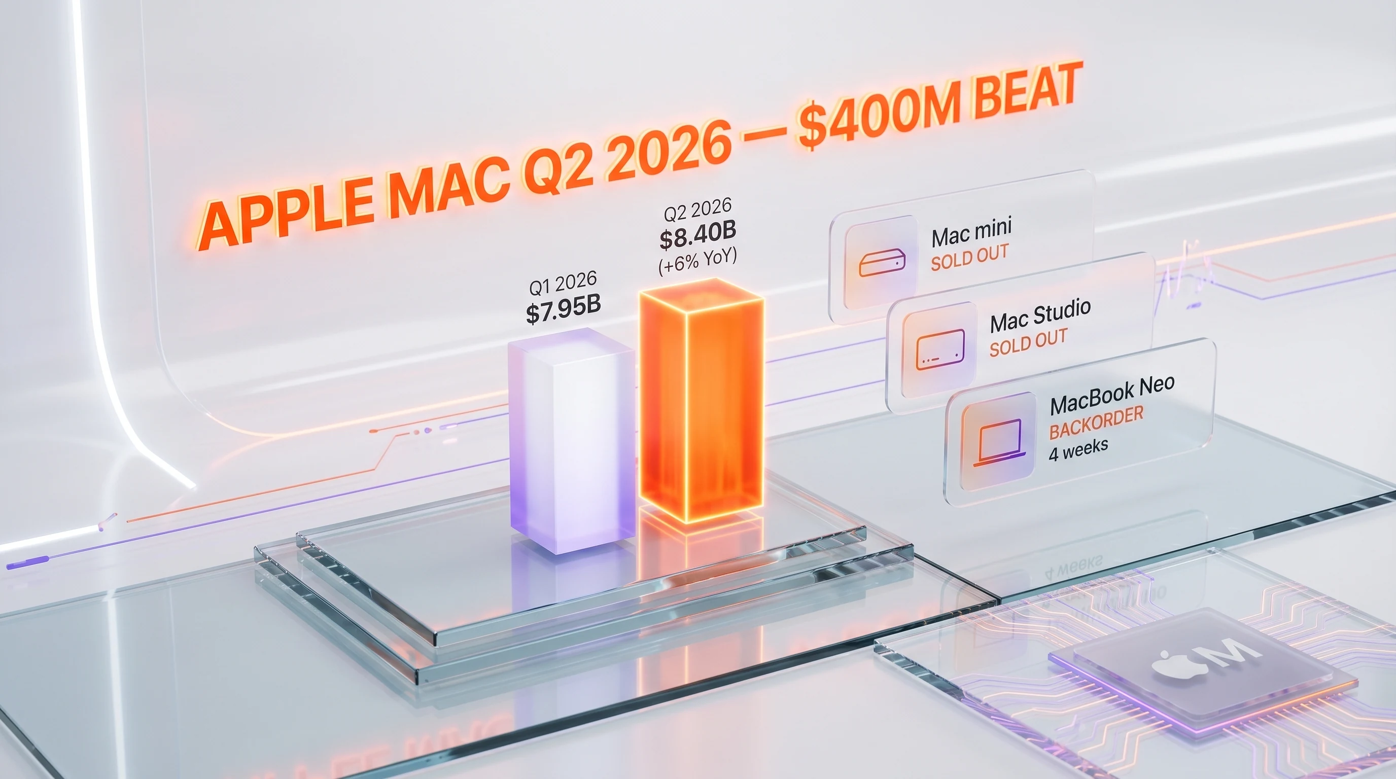 Apple Q2 2026 Mac revenue $8.4B beat $400M ahead of consensus, Mac mini and Mac Studio sold out, MacBook Neo backorder