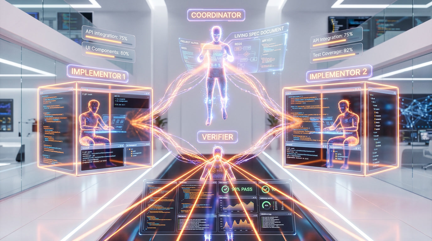 Augment Code Intent multi-agent workflow: Coordinator, Implementors, and Verifier agents working in parallel Git worktrees