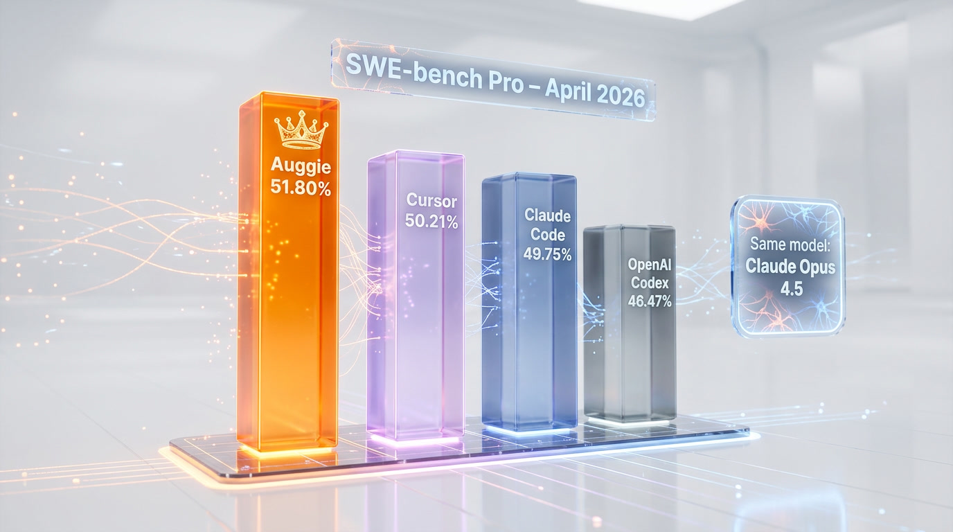 SWE-bench Pro benchmark scores: Augment Code Auggie 51.80% vs Cursor 50.21% vs Claude Code 49.75% vs OpenAI Codex 46.47%