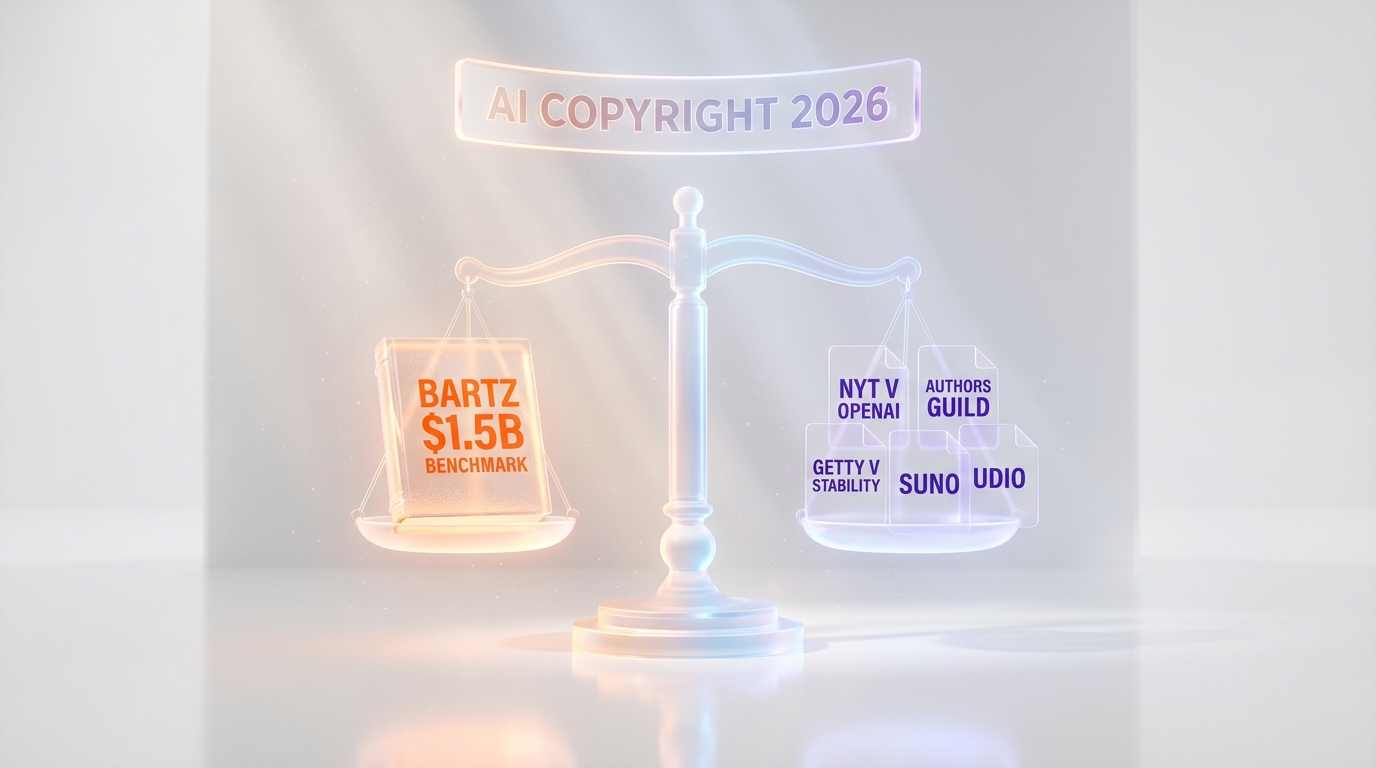 AI copyright 2026 landscape — pending cases NYT v OpenAI, Getty v Stability, Authors Guild v OpenAI, Suno, Udio, all anchored to Bartz benchmark — ThePlanetTools.ai