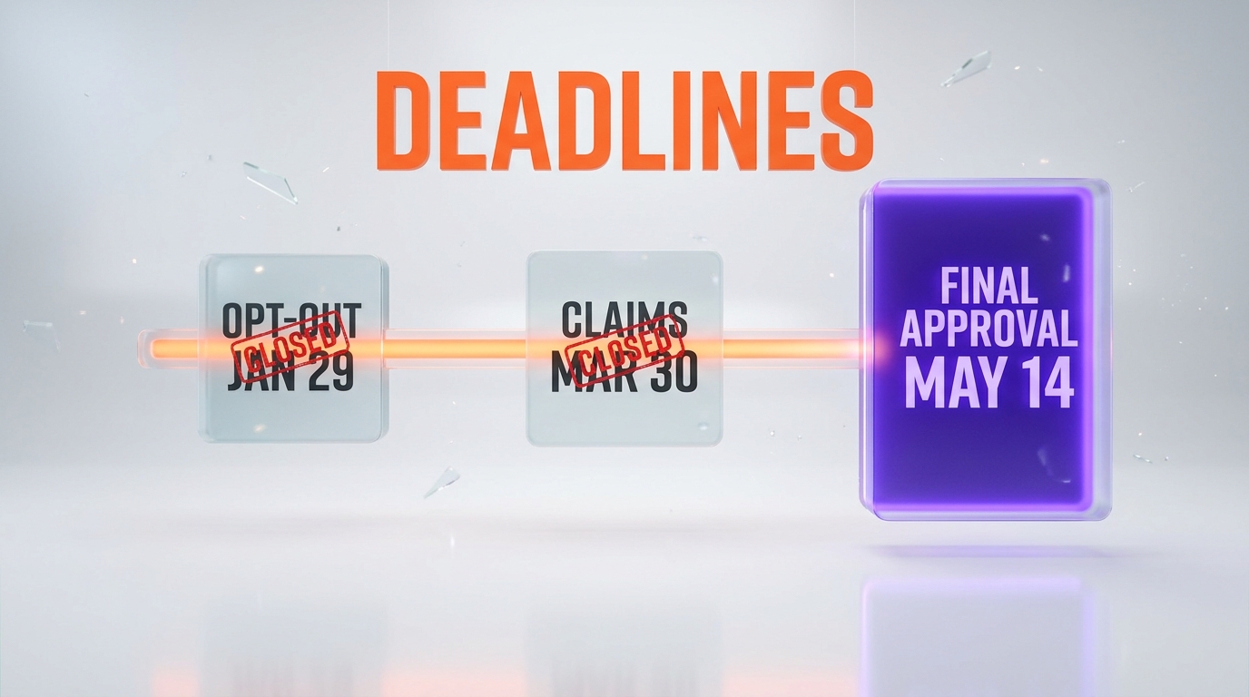 Settlement deadlines timeline — opt-out January 29, claims March 30, final approval May 14 — ThePlanetTools.ai