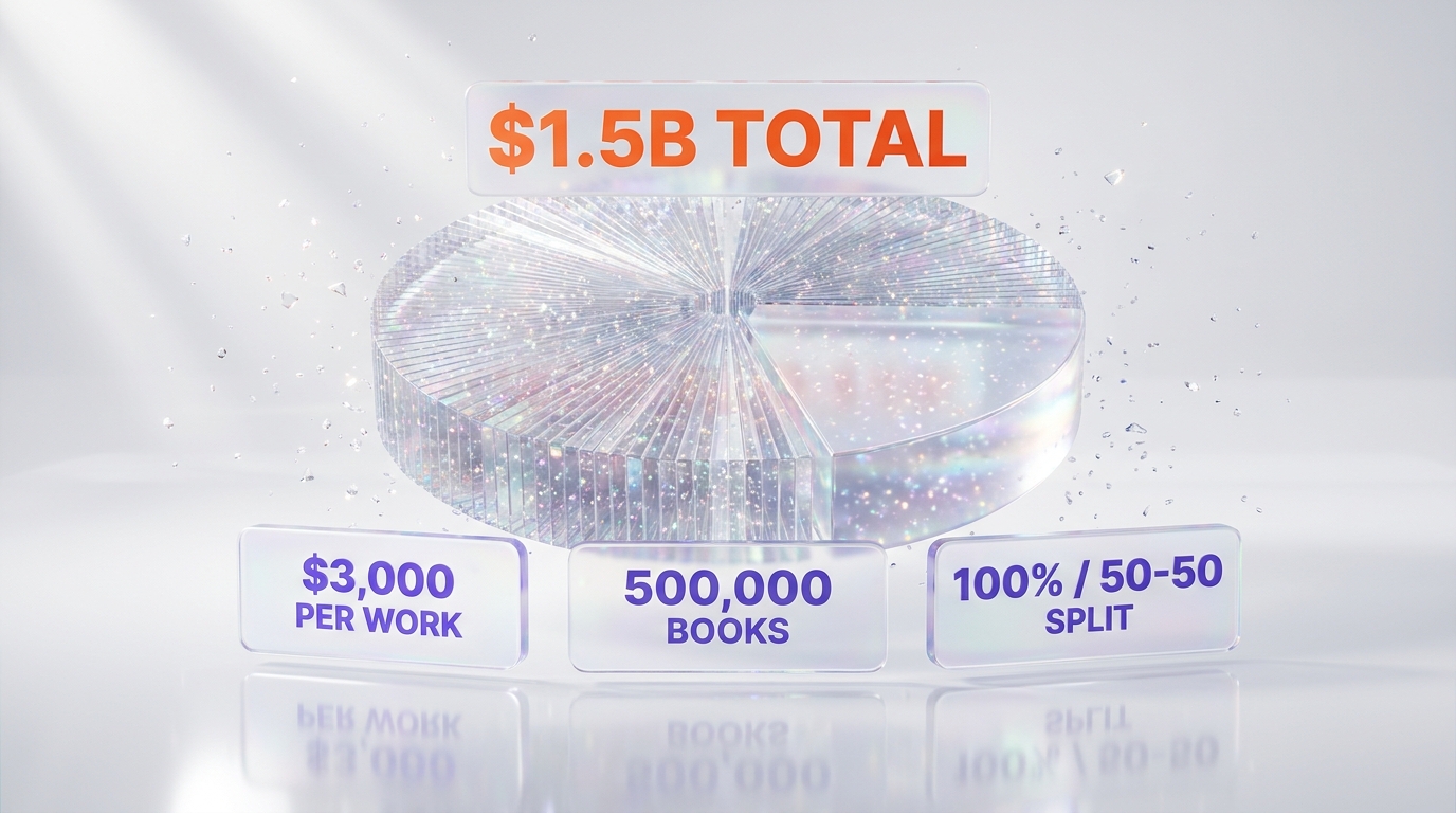 Settlement math breakdown — $1.5B divided into $3,000 per work across 500,000 works — ThePlanetTools.ai