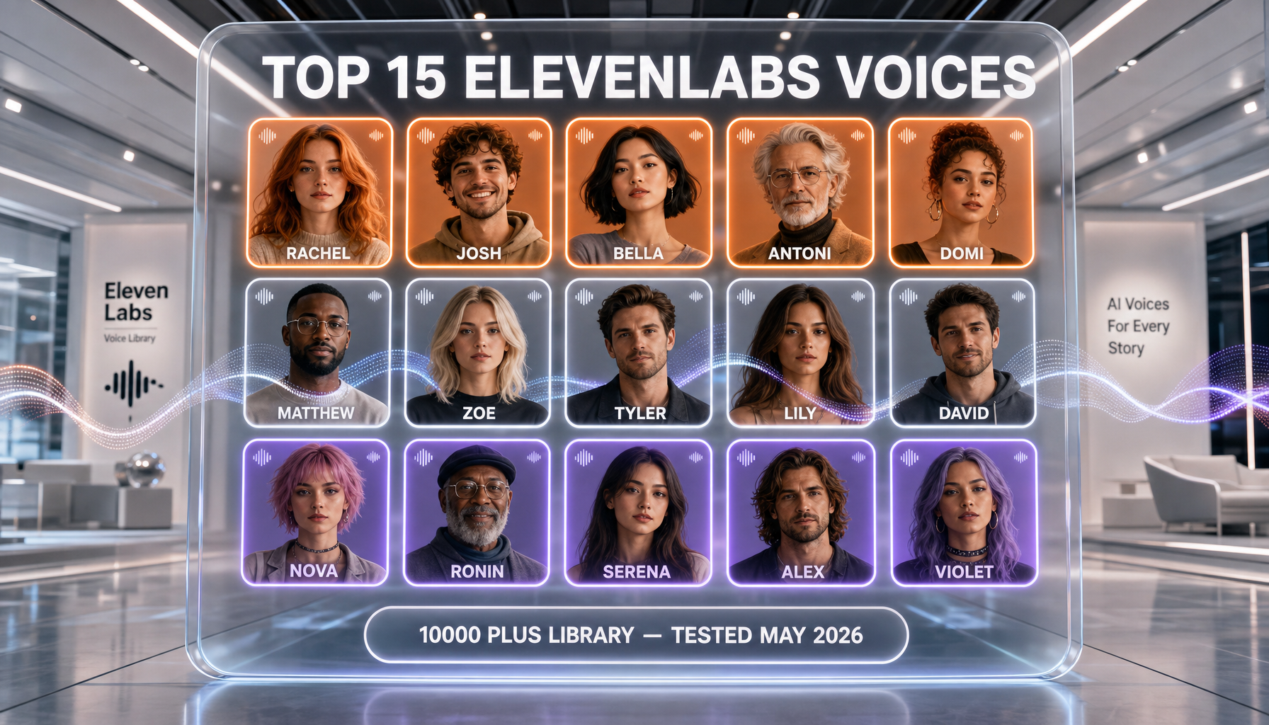 Best ElevenLabs voices 2026 — voice library deep dive across narrator, podcast, ad, character and multilingual categories