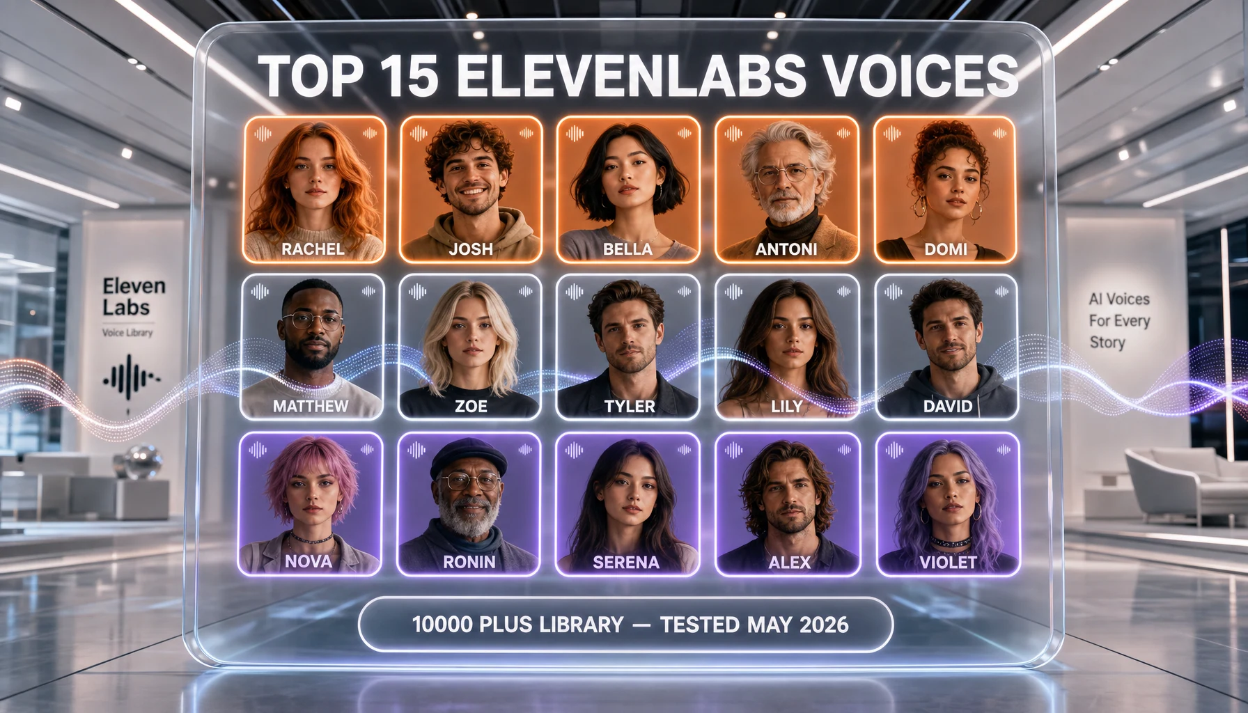Best ElevenLabs voices 2026 — voice library deep dive across narrator, podcast, ad, character and multilingual categories