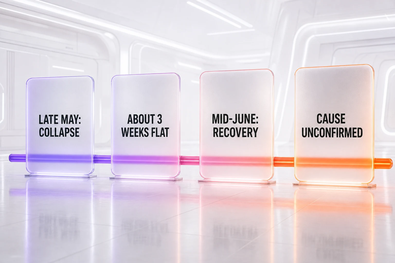 A four-step timeline of the episode rendered as glassmorphism panels: late May collapse, about three weeks flat, mid-June recovery, cause still unconfirmed