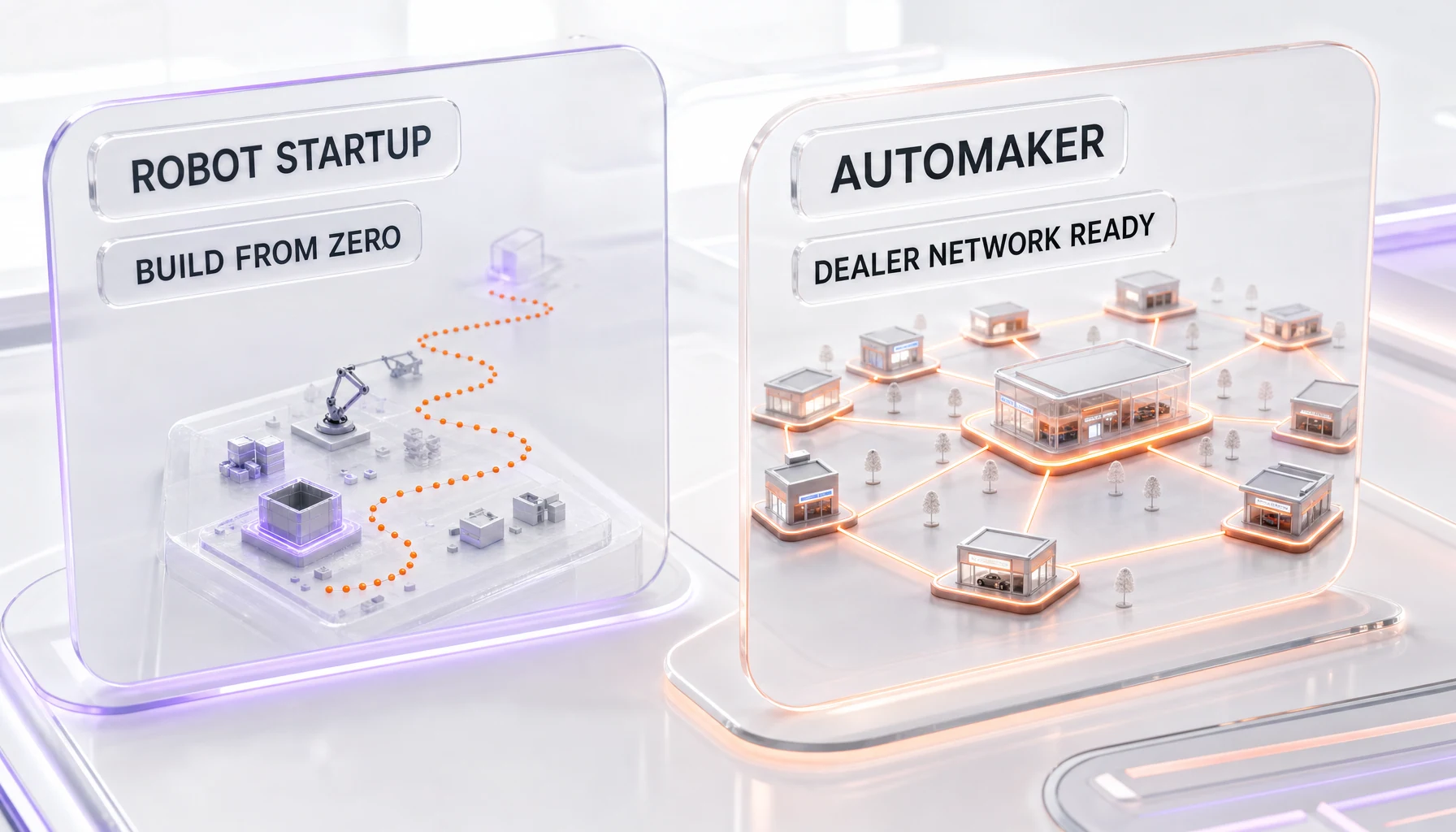 Distribution comparison — vertically integrated robot startups build go-to-market from scratch while an automaker already owns dealer retail and service