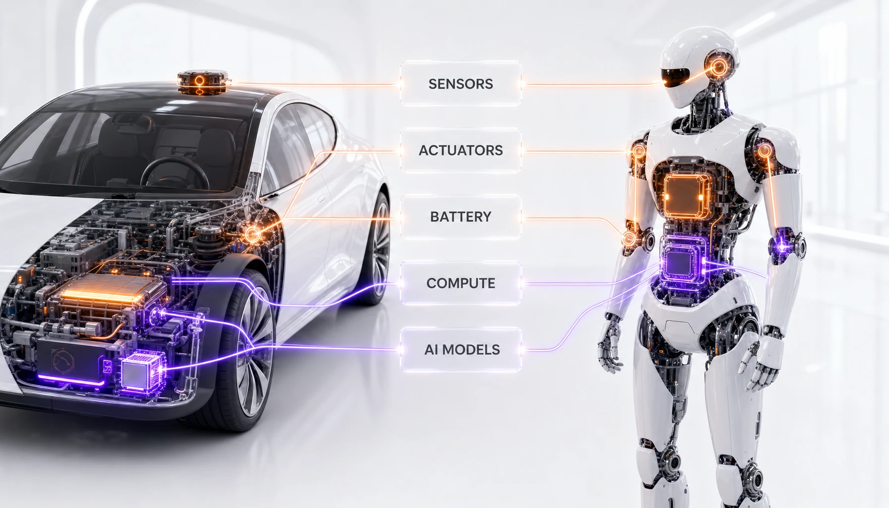 Shared technology between intelligent electric vehicles and humanoid robots — sensors, actuators, batteries, compute, AI models