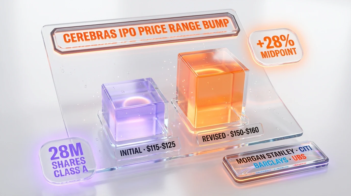 Cerebras IPO price range bump from $115-$125 to $150-$160 — 28M Class A shares, lead underwriters Morgan Stanley Citi Barclays UBS