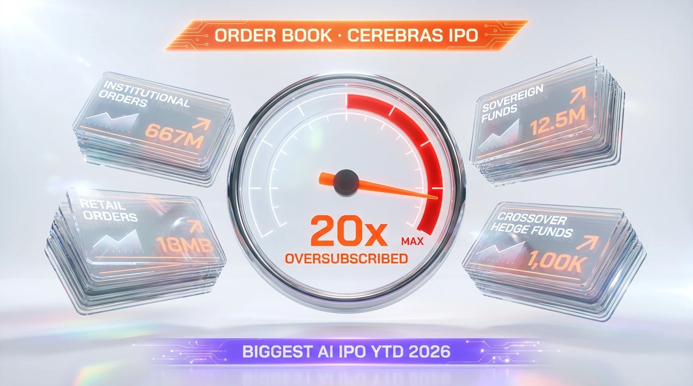Cerebras IPO order book 20x oversubscribed — institutional, retail, sovereign funds, crossover hedge funds stacked on a pressure gauge