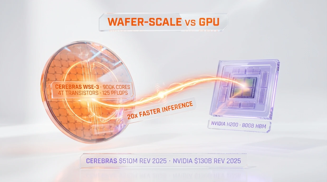 Cerebras WSE-3 versus NVIDIA H200 side-by-side comparison — 4T transistors 900K cores 125 PFLOPS versus 80GB HBM