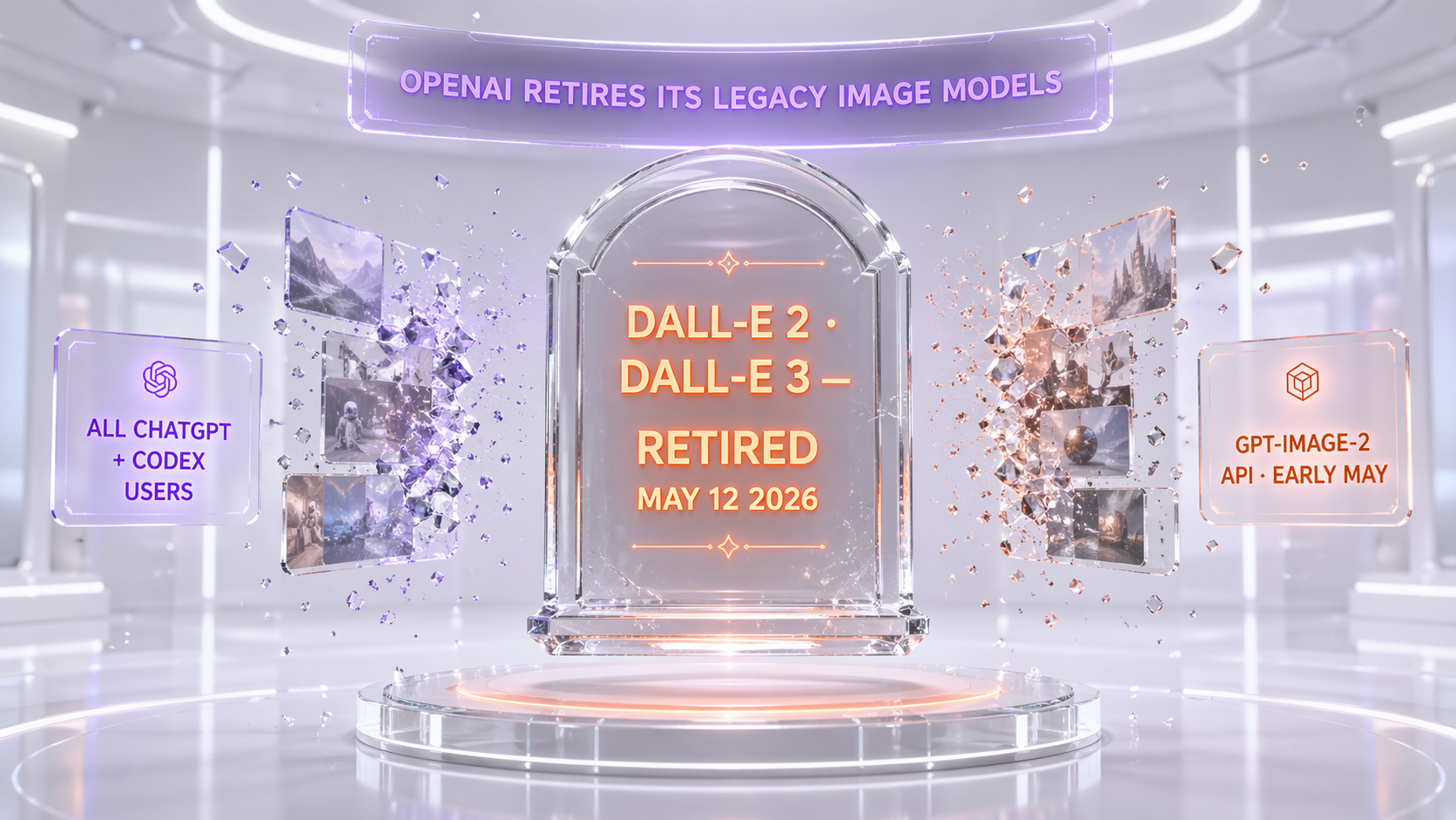 DALL-E 2 and DALL-E 3 retirement May 12 2026 — glass tombstone with OpenAI retires its legacy image models banner