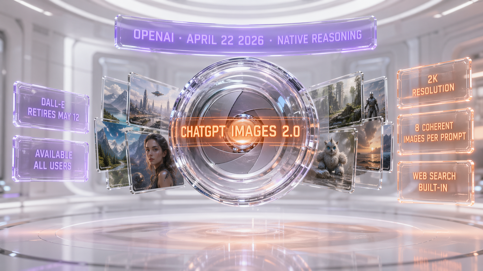 ChatGPT Images 2.0 official launch — April 21, 2026, native reasoning, 2K resolution, 8 coherent images per prompt, DALL-E retires May 12