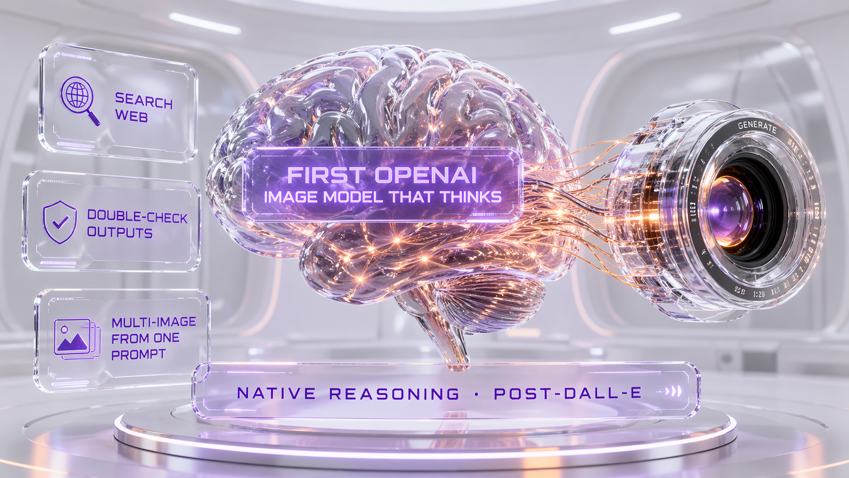 ChatGPT Images 2.0 native reasoning — glass brain connected to glass camera lens by orange neural strands, floating cards reading Search Web, Double-Check Outputs, Multi-Image From One Prompt