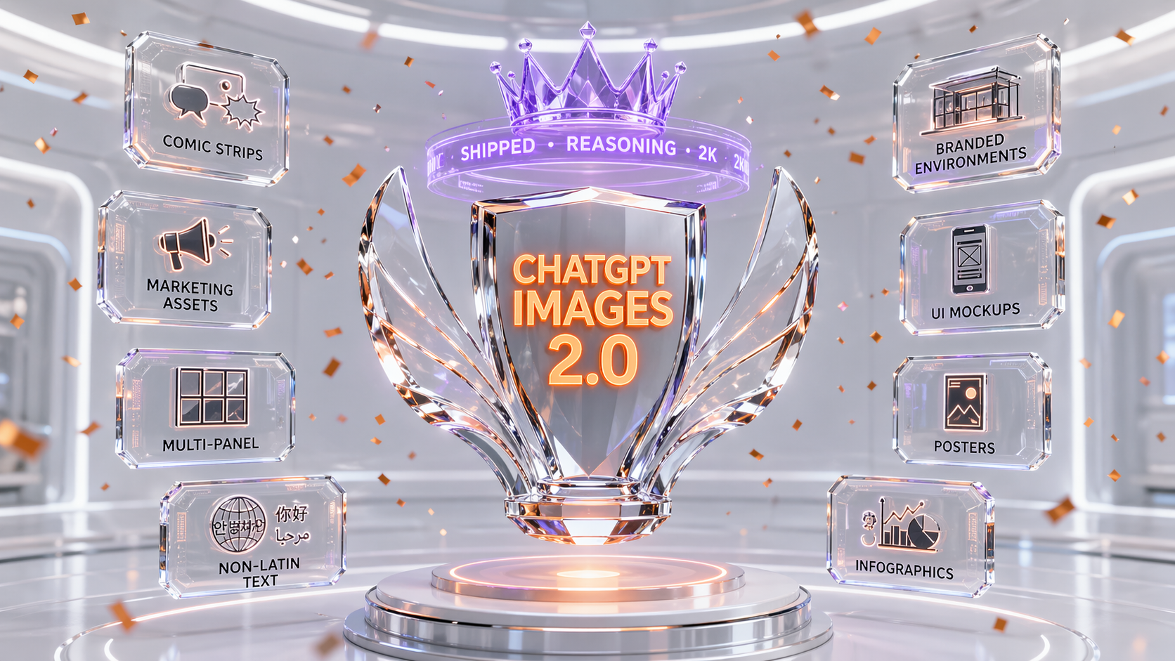 ChatGPT Images 2.0 verdict — glass trophy with eight use case badges surrounding it