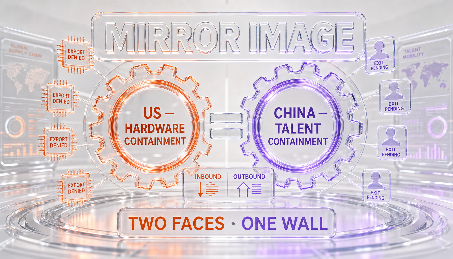 Diagram showing US chip export controls and China outbound talent controls as two symmetric halves of AI decoupling