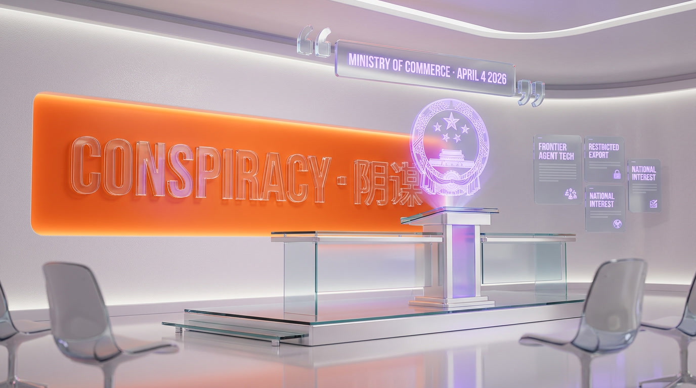 Chinese Ministry of Commerce briefing — conspiracy banner over Meta Manus deal