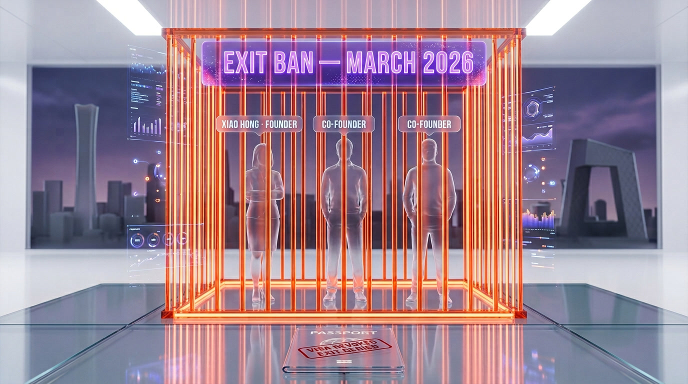 Xiao Hong and Butterfly Effect co-founders behind an exit ban banner — March 2026