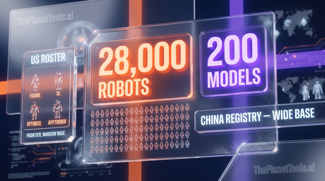 Glassmorphism dashboard showing 28,000 humanoid robots coded across 200 distinct models in China's national registry, contrasted with the narrower US humanoid manufacturer roster of Figure, 1X, Tesla Optimus and a handful of others — China registry breadth signal