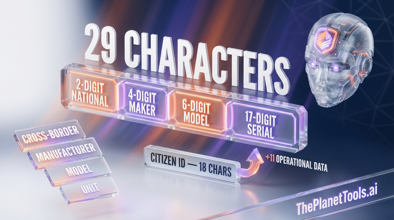 Glassmorphism breakdown of the 29-character humanoid robot digital ID — 2-digit national code, 4-digit manufacturer identifier, 6-digit product model code, 17-digit serial number, modeled on the 18-character Chinese citizen ID with 11 additional characters for operational data