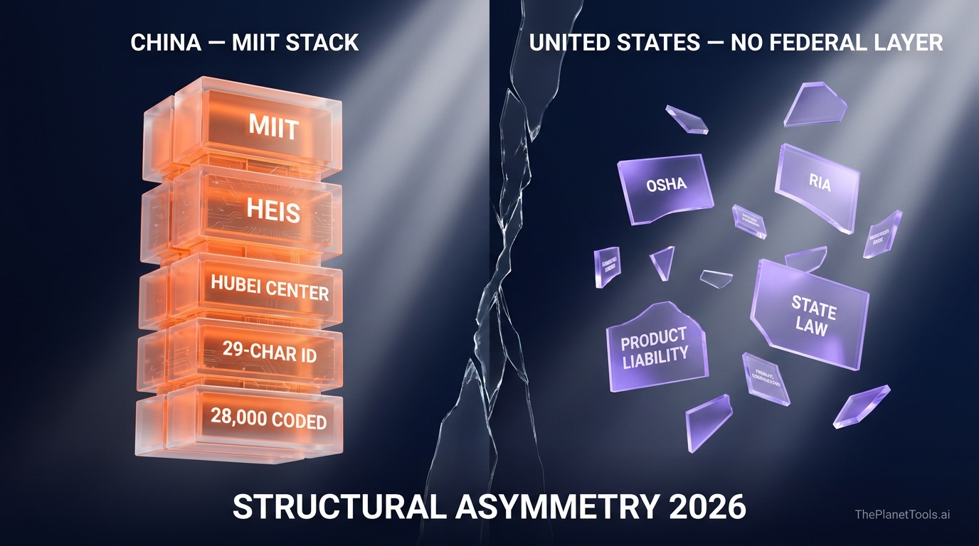 Glassmorphism comparison of China and US humanoid robot regulatory stacks — China with MIIT-level HEIS committee, national 29-character ID, 28000 robots coded, lifecycle tracking versus US patchwork of OSHA, RIA, product liability case law, no federal humanoid framework