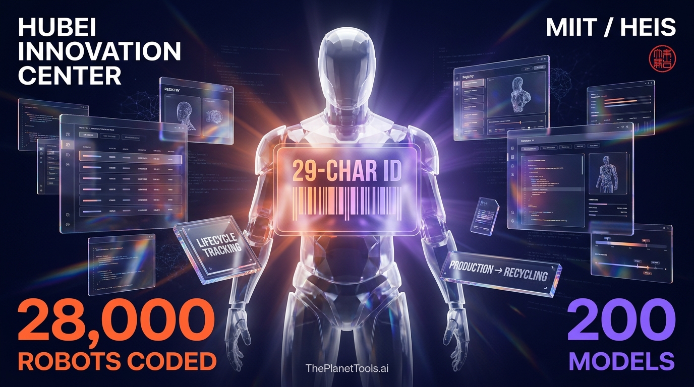 Glassmorphism China humanoid robot digital ID system — 29-character national identifier, 28,000 robots already coded across 200 models, Hubei Humanoid Robotics Innovation Center, HEIS committee under MIIT, lifecycle tracking from production to recycling