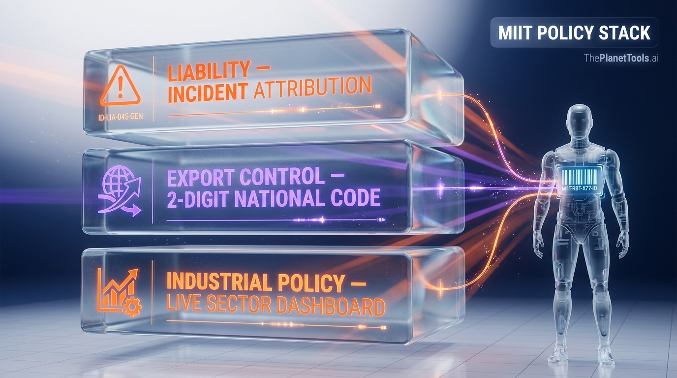 Glassmorphism three-layer policy stack of China's humanoid digital ID system — product liability attribution layer connecting incidents to specific machines, export control layer with cross-border tracking via 2-digit national code, industrial policy dashboard for sector acceleration and capacity planning