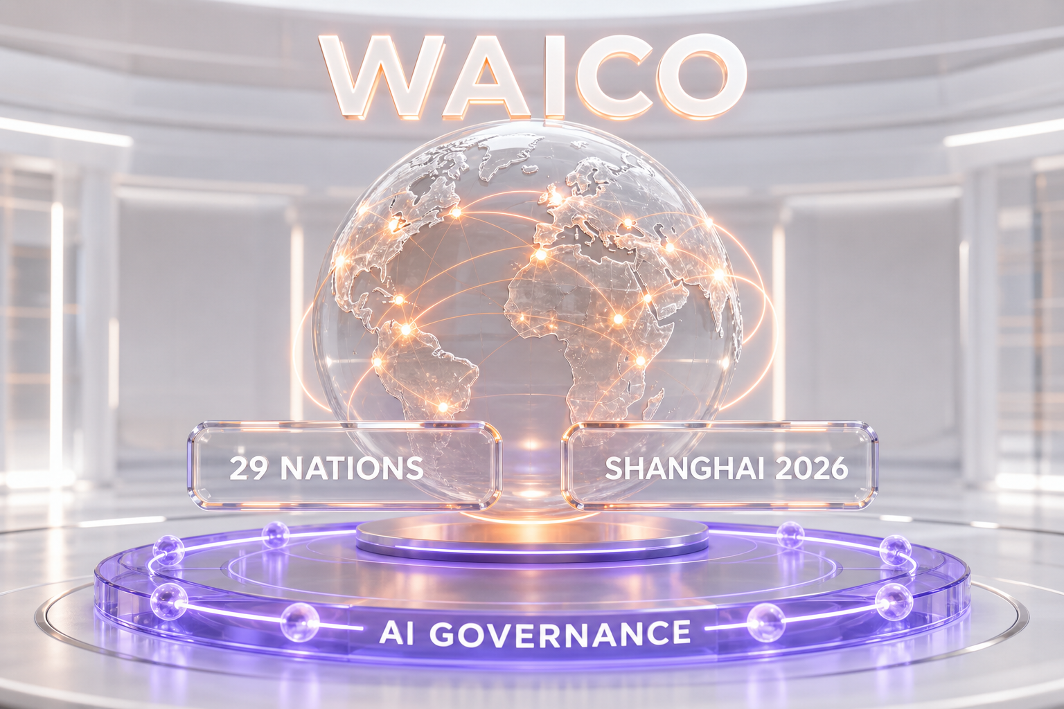 Editorial 3D illustration of the World Artificial Intelligence Cooperation Organization (WAICO), a 29-nation AI governance bloc launched in Shanghai on July 16, 2026