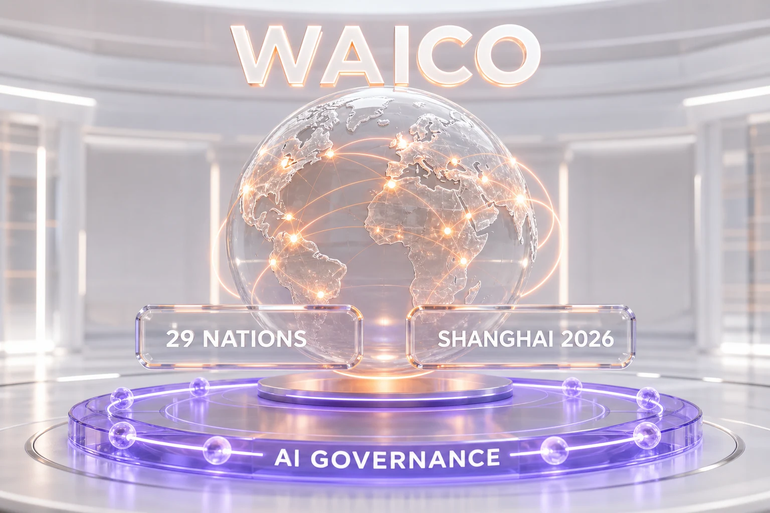 Editorial 3D illustration of the World Artificial Intelligence Cooperation Organization (WAICO), a 29-nation AI governance bloc launched in Shanghai on July 16, 2026