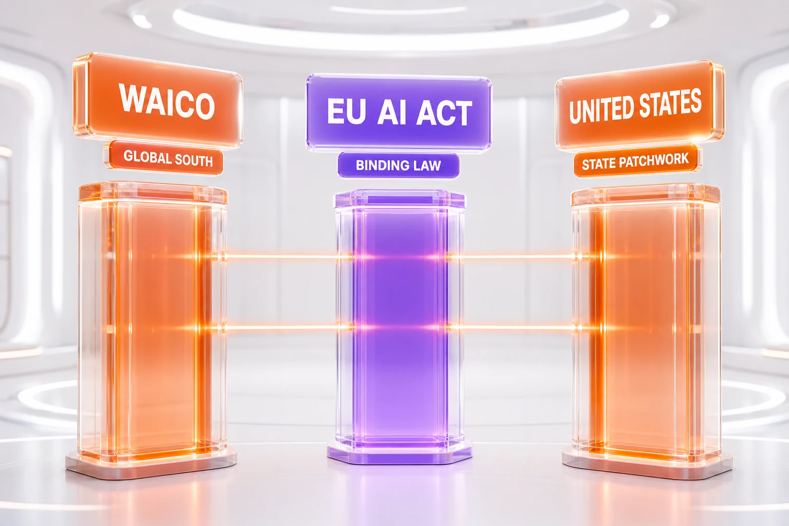 Three AI governance blocs in 2026: WAICO led by China and the Global South, the European Union's binding AI Act, and a contested US state-by-state approach