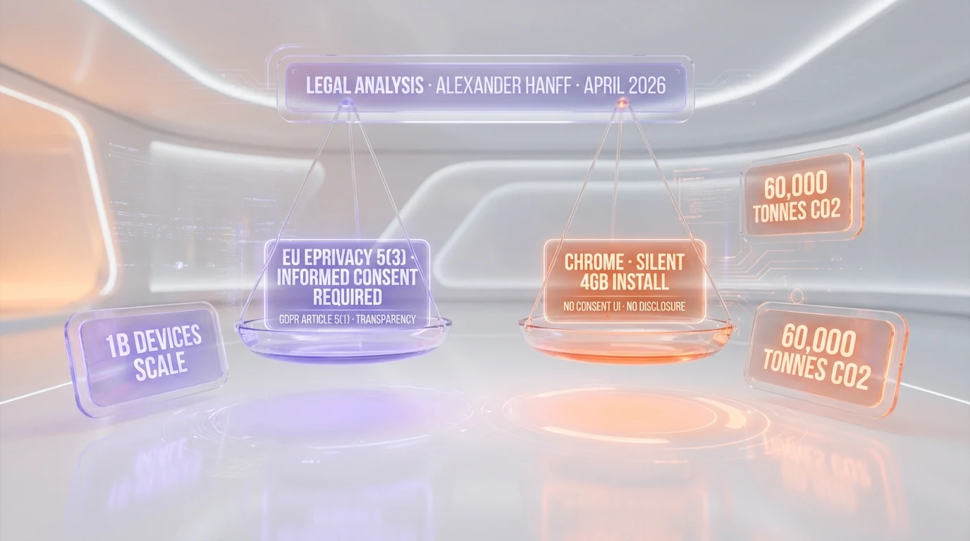 Legal balance: EU ePrivacy Article 5(3) and GDPR Article 5(1) versus Chrome's silent 4GB install — analysis by Alexander Hanff, April 2026