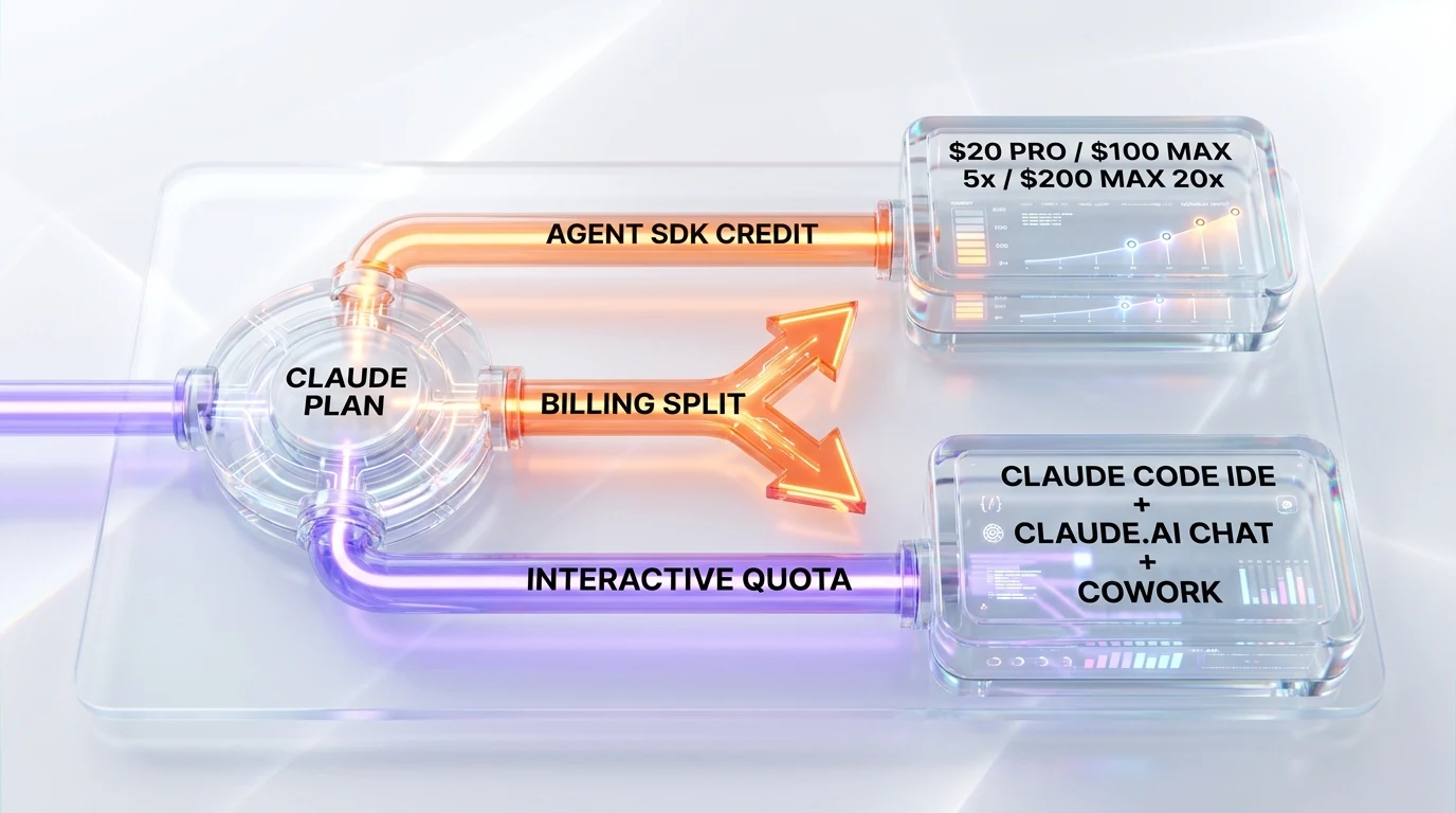 Claude Agent SDK billing split anatomy — separate credit pipe vs interactive plan quota pipe diagram
