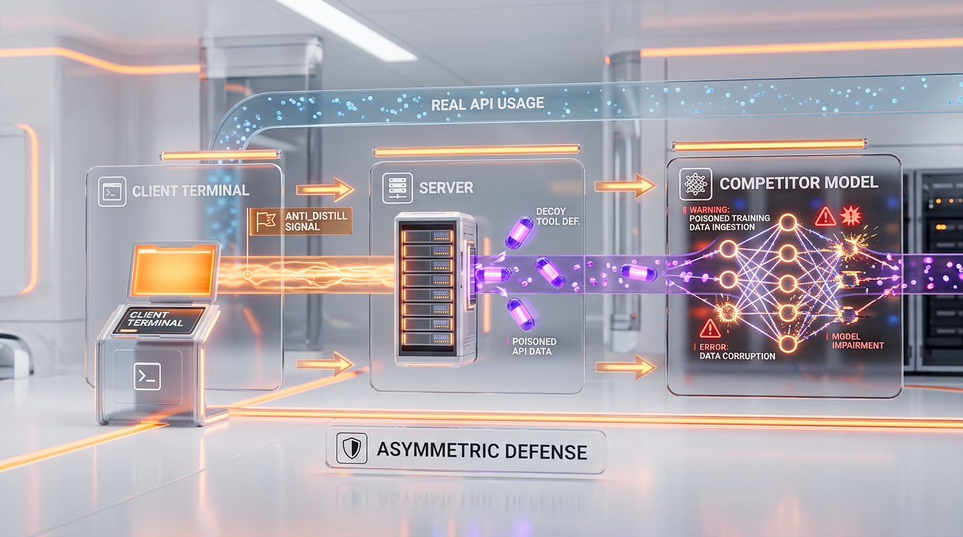 Anti-distillation data flow — client sends signal, server injects fake tools, competitor model poisoned