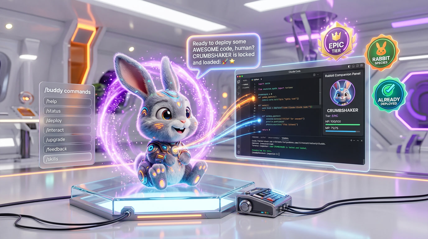 Crumbshaker the rabbit buddy companion sitting next to the Claude Code input box with a speech bubble