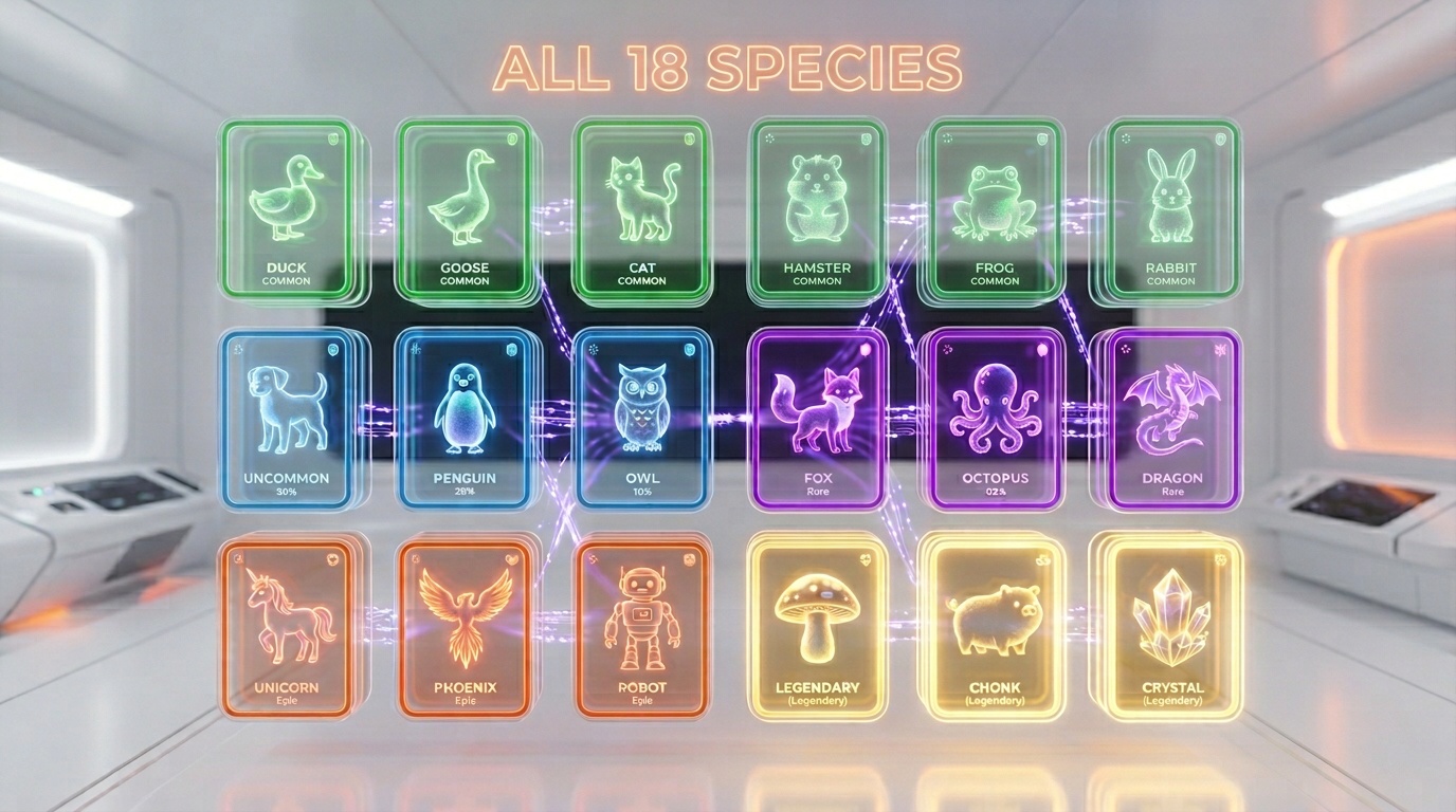 Grid showing all 18 Buddy species from Common duck and goose to Legendary mushroom and chonk