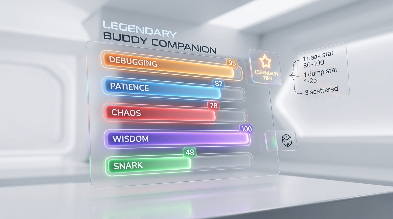 RPG stat bars showing Debugging, Patience, Chaos, Wisdom, and Snark stats for a Legendary buddy companion