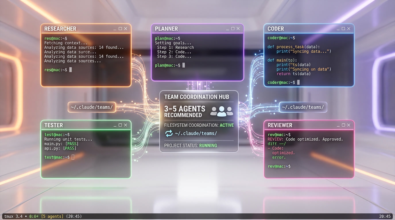 Agent Teams swarm mode with tmux panes showing multiple Claude agents working in parallel
