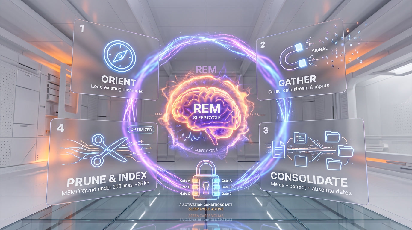 AutoDream 4-phase consolidation cycle — Orient, Gather, Consolidate, Prune