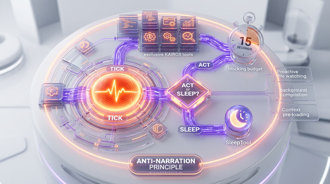 KAIROS daemon architecture — tick heartbeat, 15-second budget, exclusive tools