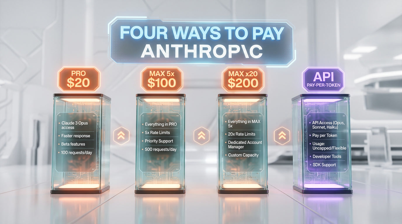 Claude Code pricing tiers — Pro $20, Max 5x $100, Max x20 $200, and API Opus pay-per-token compared side by side
