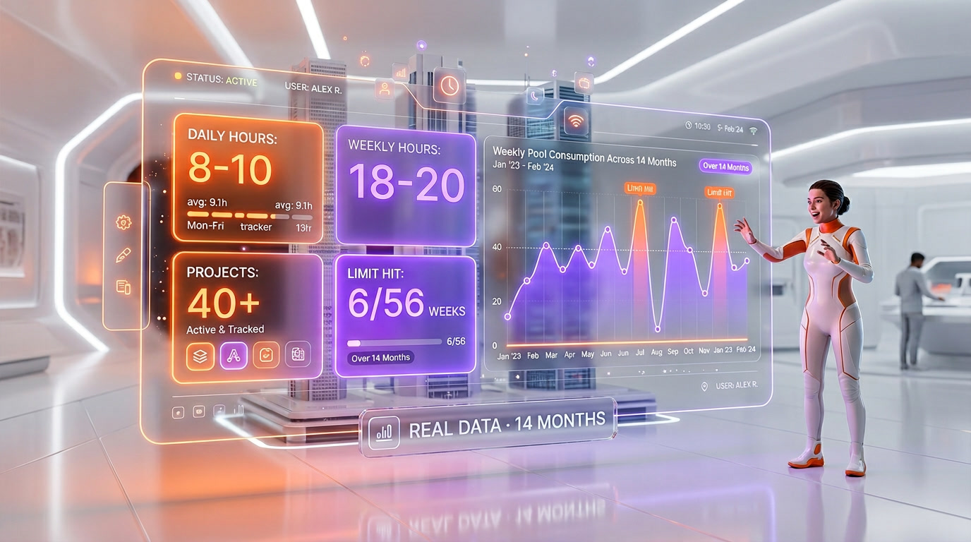 14 months of Claude Code Max x20 usage data — daily hours, weekly pool consumption, project counts, tokens per week