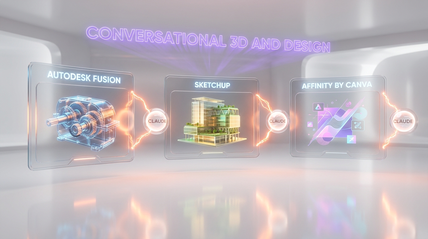 Claude connector ecosystem — Autodesk Fusion 3D modeling, SketchUp architecture, Affinity by Canva design suite, conversational creative software April 2026