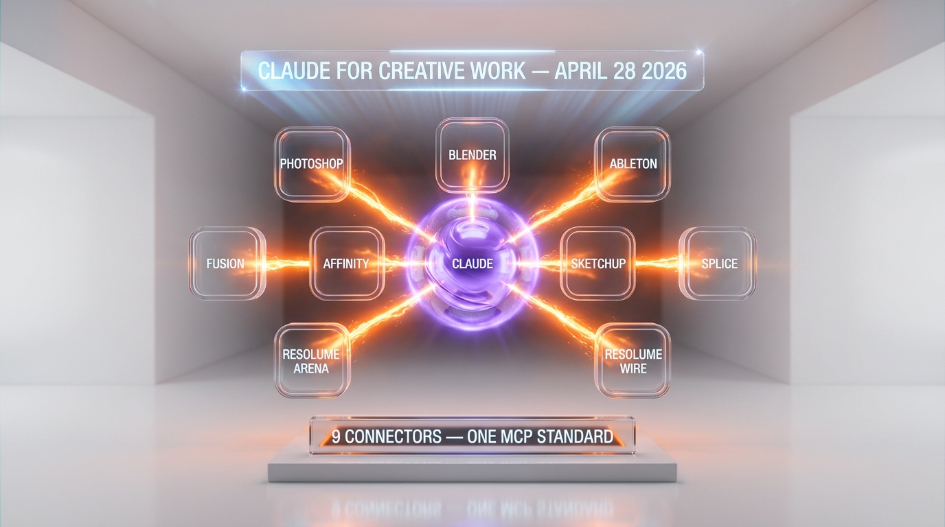 Claude for Creative Work — Anthropic launches 9 connectors April 28 2026 for Adobe Photoshop, Blender, Ableton, Autodesk Fusion, Affinity by Canva, SketchUp, Splice, Resolume Arena and Wire