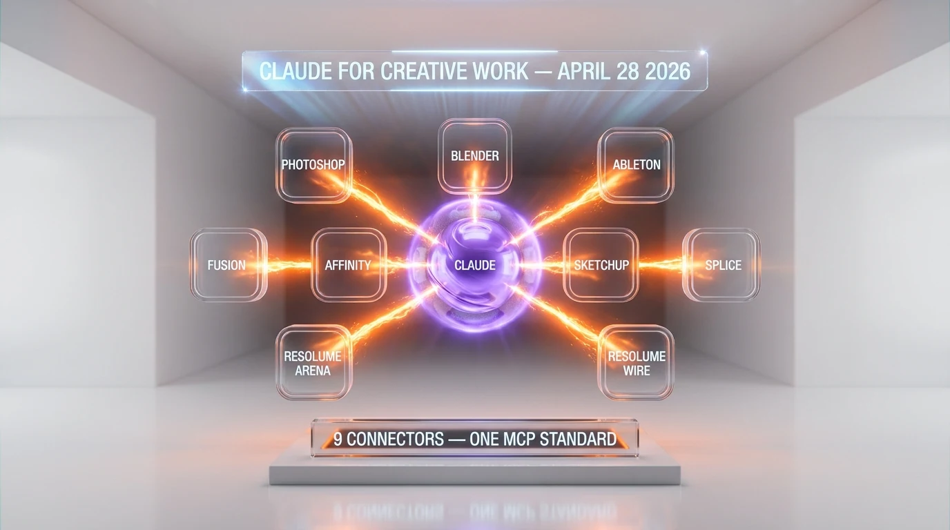 Claude for Creative Work — Anthropic launches 9 connectors April 28 2026 for Adobe Photoshop, Blender, Ableton, Autodesk Fusion, Affinity by Canva, SketchUp, Splice, Resolume Arena and Wire