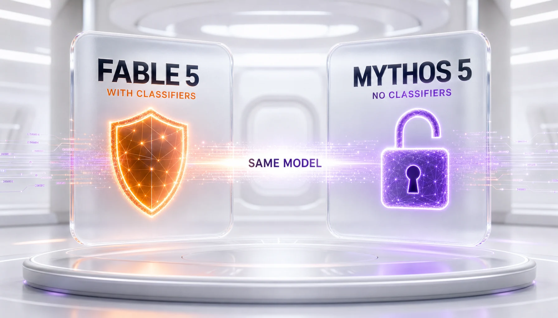 Claude Fable 5 versus Claude Mythos 5 — same model, safety classifiers the only difference