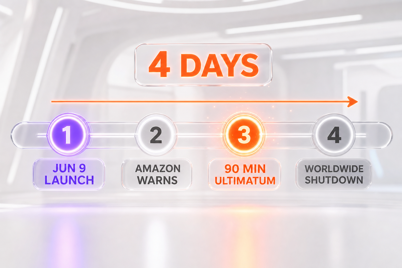 Timeline chart of the Fable 5 escalation from the June 9 launch through Amazon's warning, the 90-minute window, Lutnick's letter, and the worldwide shutdown