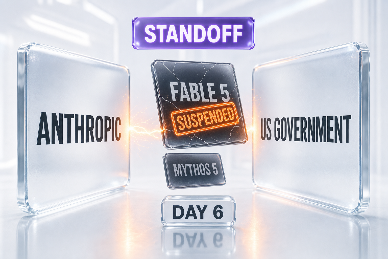 Conceptual illustration of a regulatory standoff between a frontier AI lab and the US government over the Claude Fable 5 model