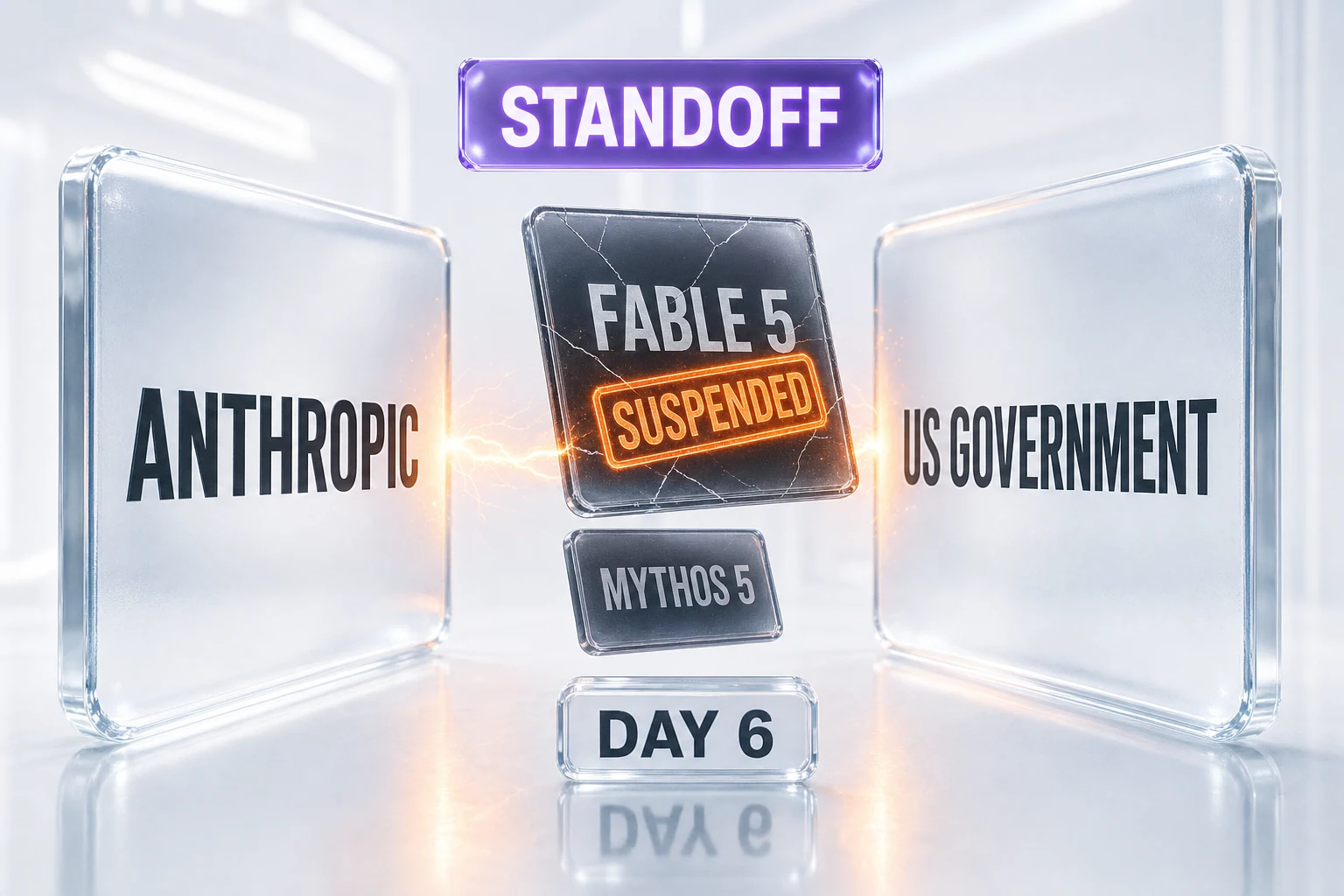 Conceptual illustration of a regulatory standoff between a frontier AI lab and the US government over the Claude Fable 5 model